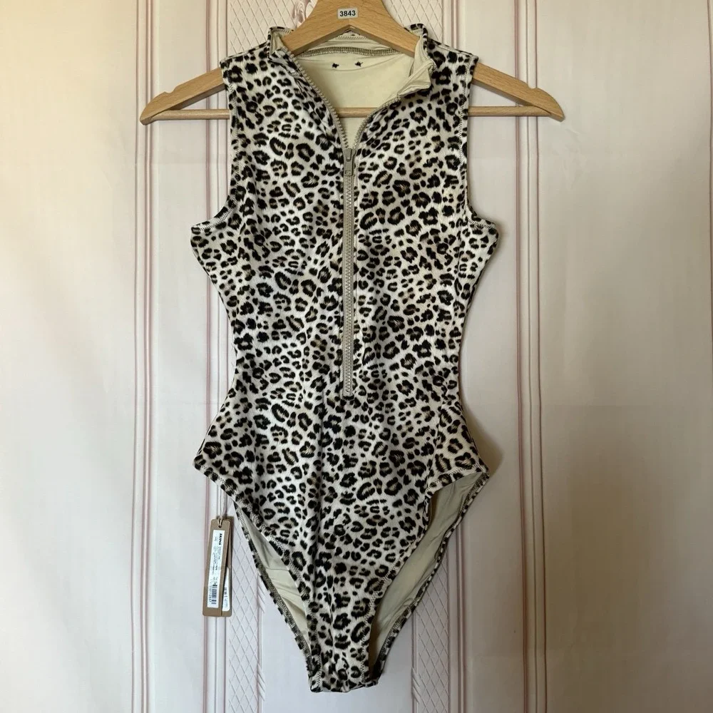 Skims Signature Swim Zip Front One Piece Champagne Leopard Print Sz XS NWT $96